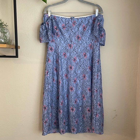 Avec Les Filles Blue Floral Off Shoulder Button Down Lace Dress - Picture 6 of 9